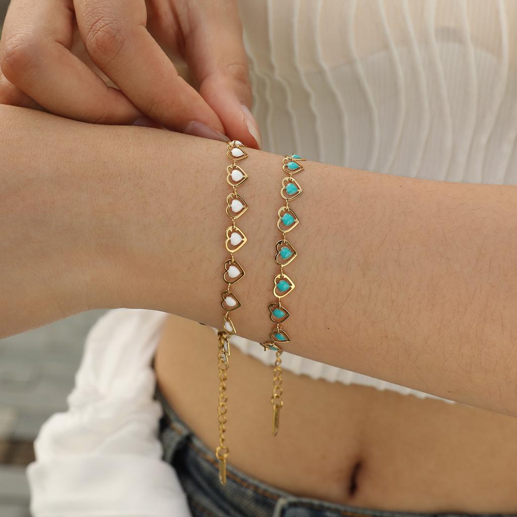 Trendy Bohemia Colourful Drip Glue Beads Chain Bracelet for Women Stainless Steel Beads Bracelet Girl Gift,Heart-shaped Chain