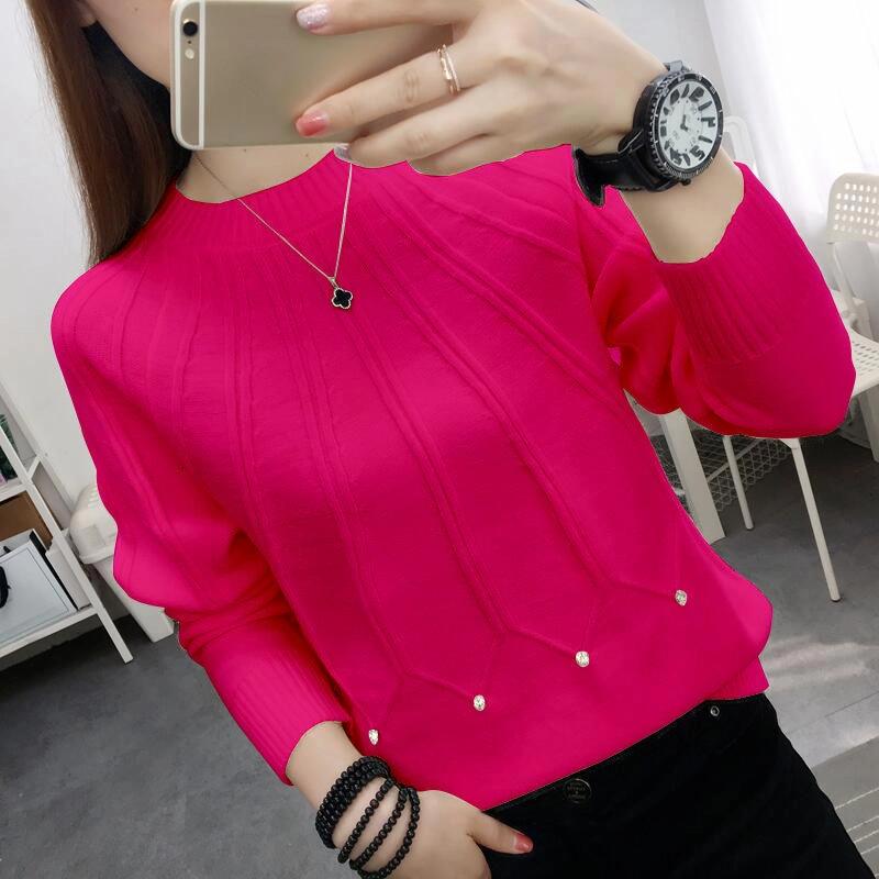 

Осень Зима Новая Мода Круглый Вырез Длинный Рукав Однотонные Пуловеры Женский Бриллианты Свободный Универсальный Свитер Корейский Топ L розы красного