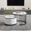 Elegantes 2-teiliges weißes Couchtisch-Set, verschachtelbare Form, 60*60*45,5cm & 50*50*32cm, Marmoroptik, 2 Schubladen, Belastbarkeit bis zu 30kg