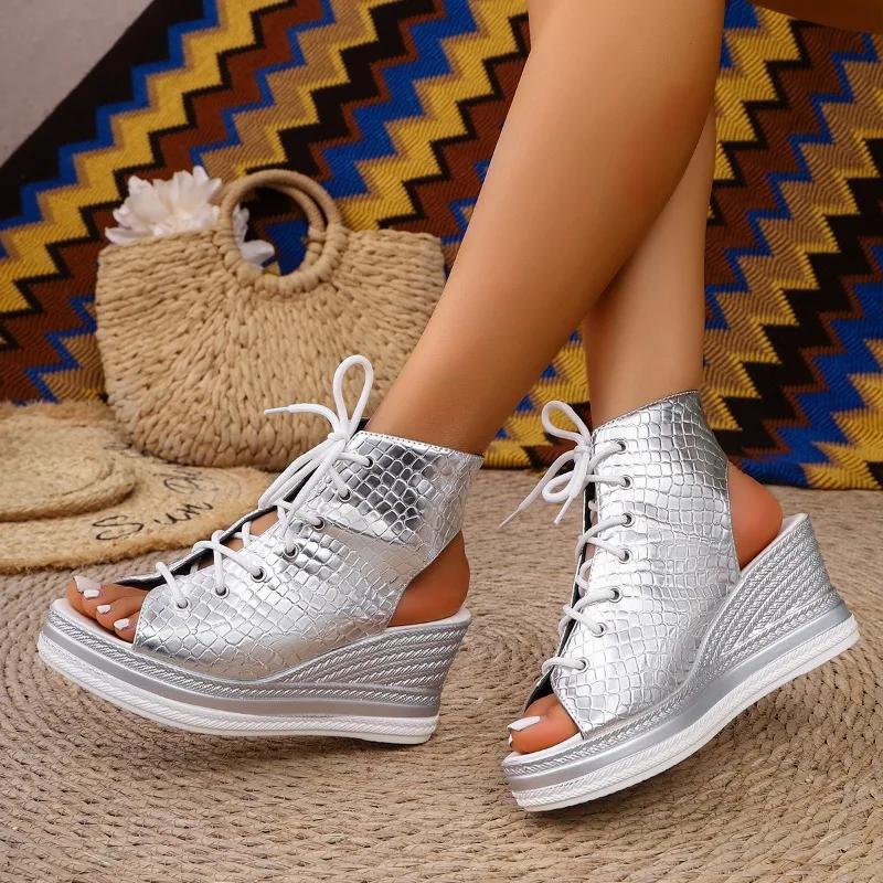 Fashion Wedge Sandals Women Summer New Round Toe Open Toe Front Strappy Platform Non-Slip Wear-Resistant Back Empty Heels Shoes