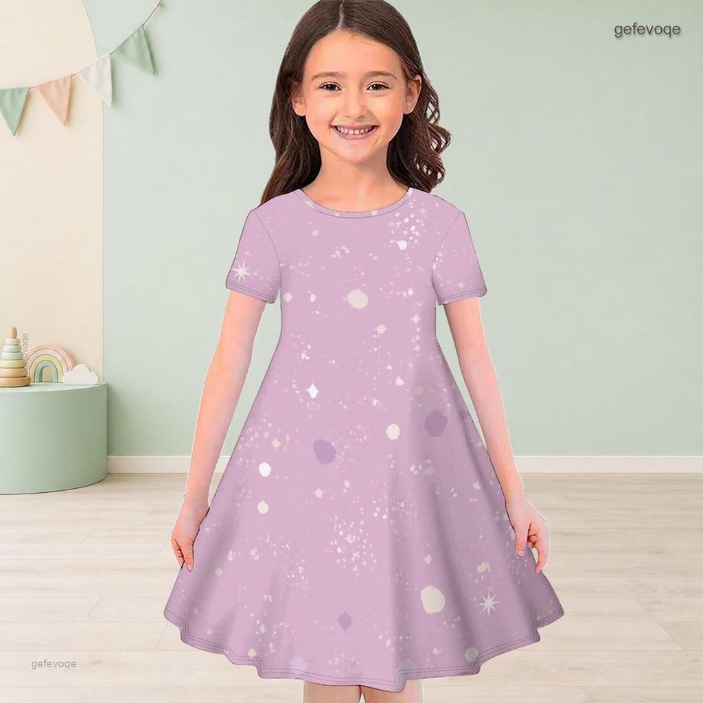 Girls Round Neck Short Sleeve Printed Light Purple A Line Flared Dress