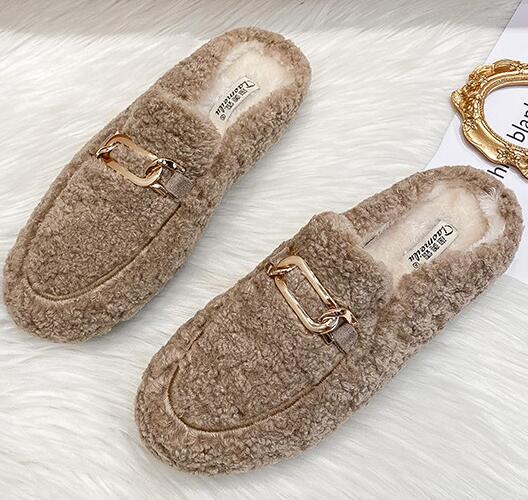 Fashion Winter Warm Plush Mules Women One Band Fur Slippers Cozy Cotton Shoes Woman Flats Cover Toe Fleeces Slides Femme Wool Pantuflas