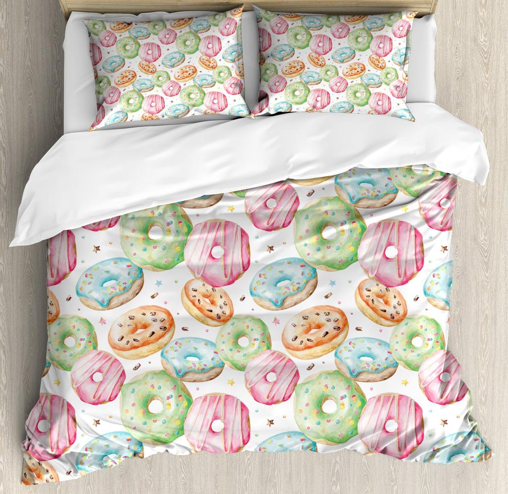 Kawaii Munk Påslakanset Färgglatt Sött Munk Sängklädesset Läckert Efterrätt Rosa Lila Täcke Flickrumsinredning