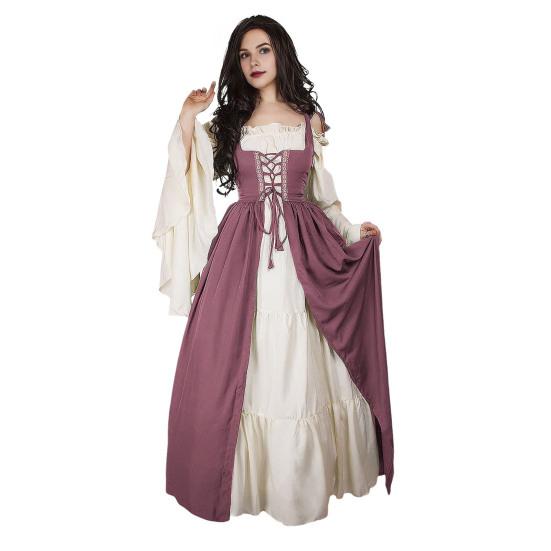 1 Set Women Edge Square Flowy Sleeves Neck Tight Waist Dress Shirring Lace-up Patchwork Vintage Renaissance Medieval