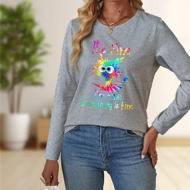 Tops For Women Colorful Explosive Cat Print Round Neck Long Sleeve T-shirt Fall Casual Slim Pullover Women's Long Sleeve Top