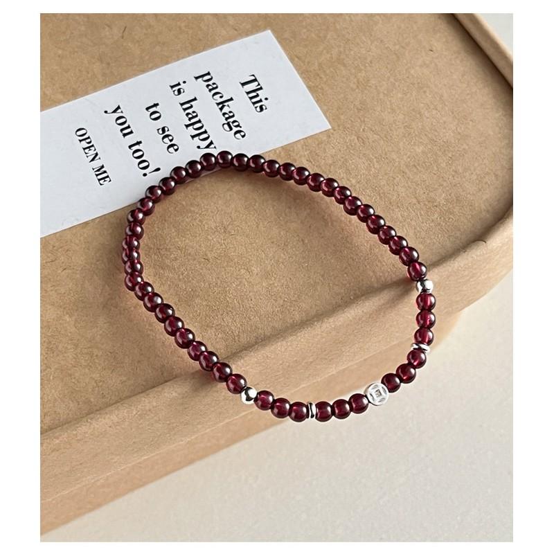 Sterling Coin Garnet Beaded Bracelet Women Minimalist Boho Style Adjustable Handmade Jewelry B3036
