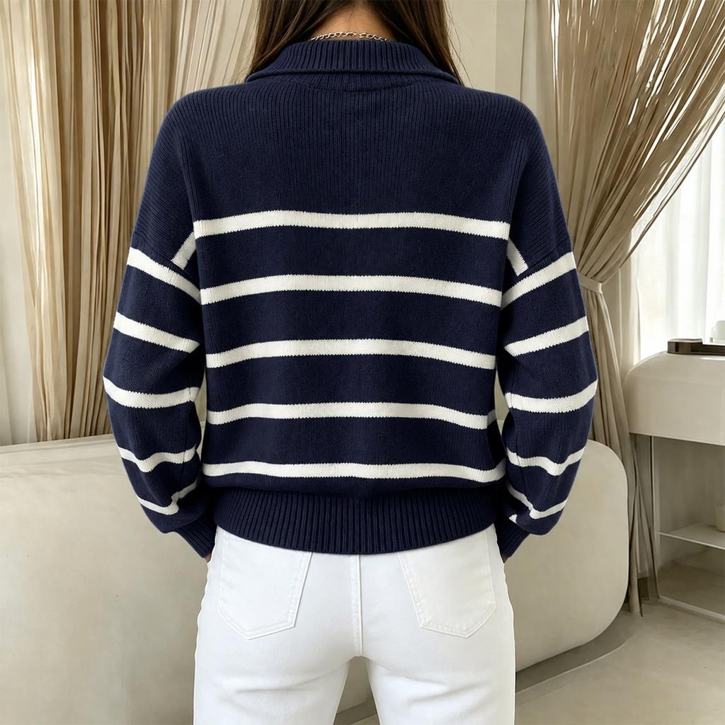 Women's Vintage Half Zip Striped Knit Pullover Top