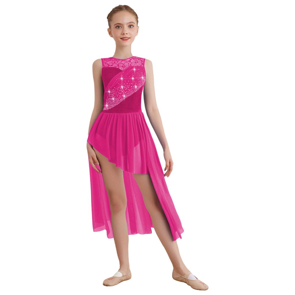 Lyrisches Tanzkleid für Mädchen: Funkelnde Strasssteine auf Spitzen-Patchwork & Raffinierte Netz-Überlagerung mit elegantem asymmetrischem Saum