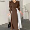 Women Casual Turn Down Collar 3/4 Sleeve Loose Splice Dress
