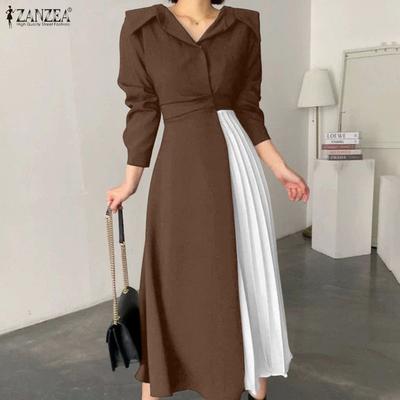 Women Casual Turn Down Collar 3/4 Sleeve Loose Splice Dress