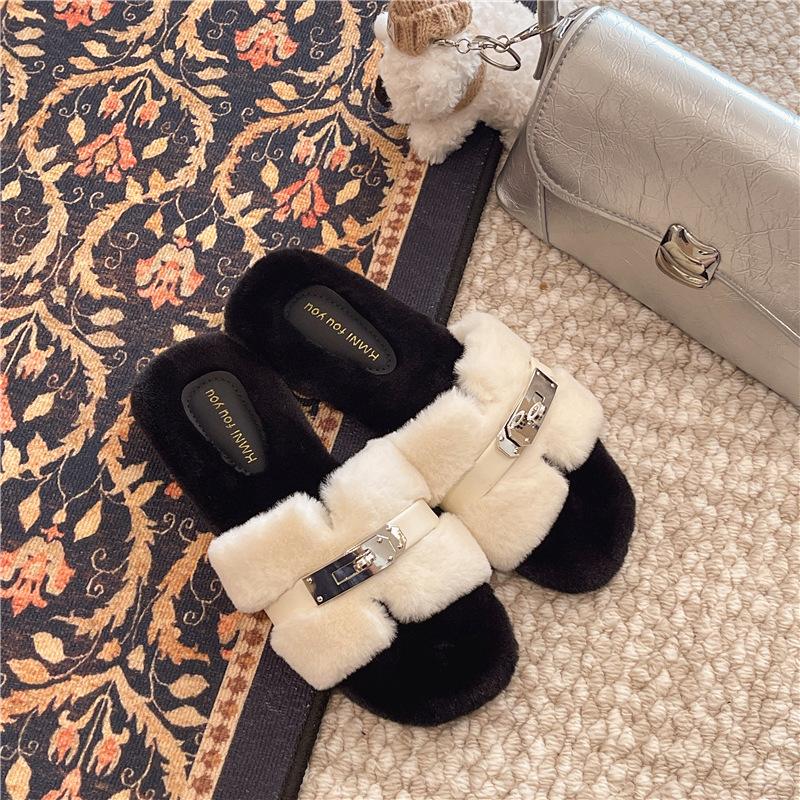 

Мода осень-зима 2025, простые шлепанцы с пряжкой, пушистые тапочки интернет-знаменитости, женская повседневная обувь на толстой подошве, хлопковые туфли на перемычке 40