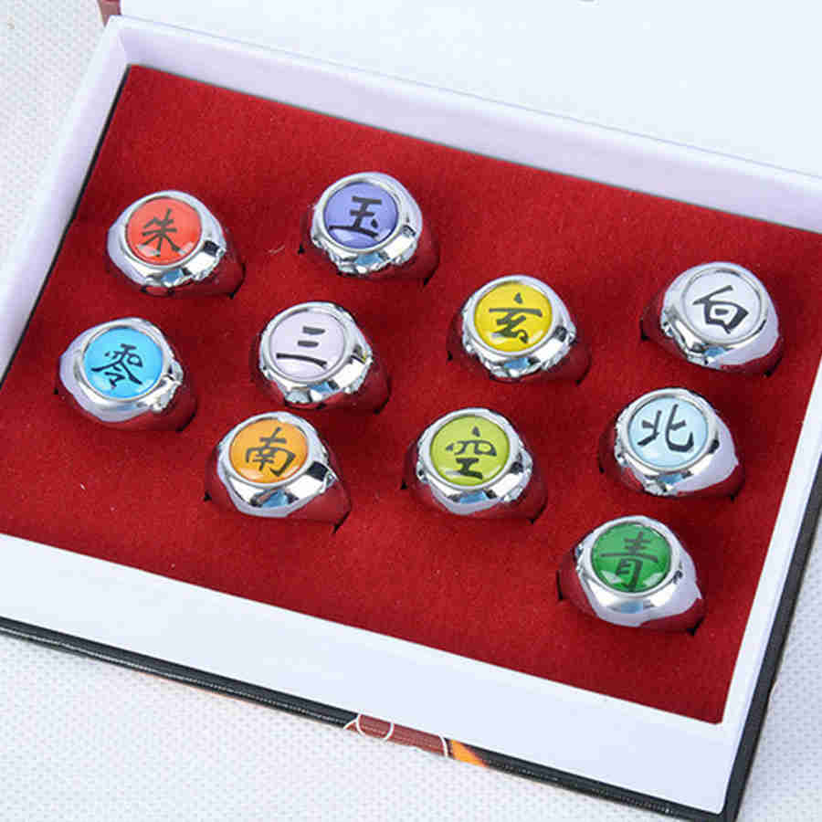 10Pcsset Anime Akatsuki Itachi Metal R-Ings Cartoon Cool Cosplay Accessory Props Boy Children Action Figure Toy Gift
