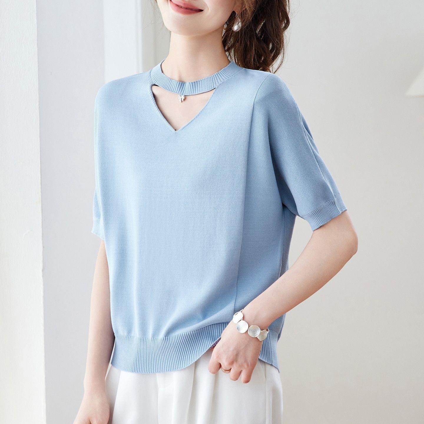 

Women s Hollow Solid Color Knitted Short Sleeved T-shirt Summer Thin Ice Silk Knitted Sweater Plus Size Top M светло-синий