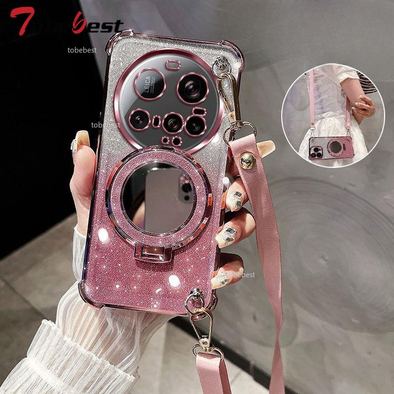 Crossbody Lanyard Shockproof Glitter Plating Magsafe Holder Case For Xiaomi 15 Ultra 14 14T 13 12 Pro Cover