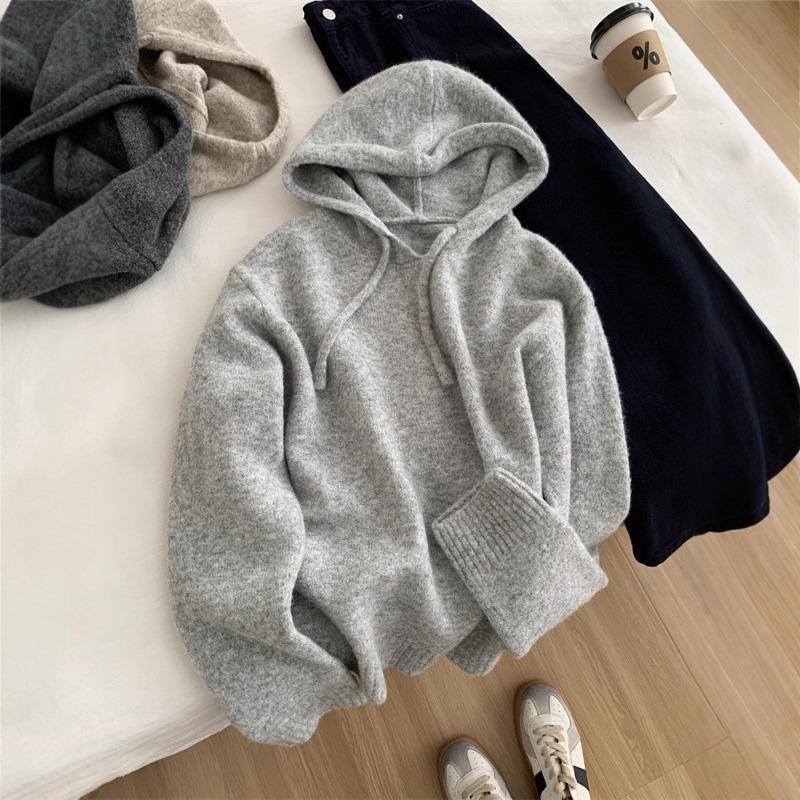 Grey wool knit hoodie women's thermal hooded sweater