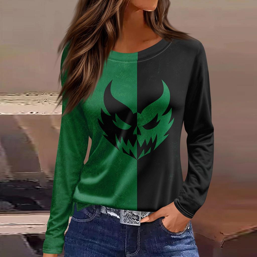 Women's Halloween Print Long Sleeve Top with Round Neck and Hem Slit for Casual Party Wear