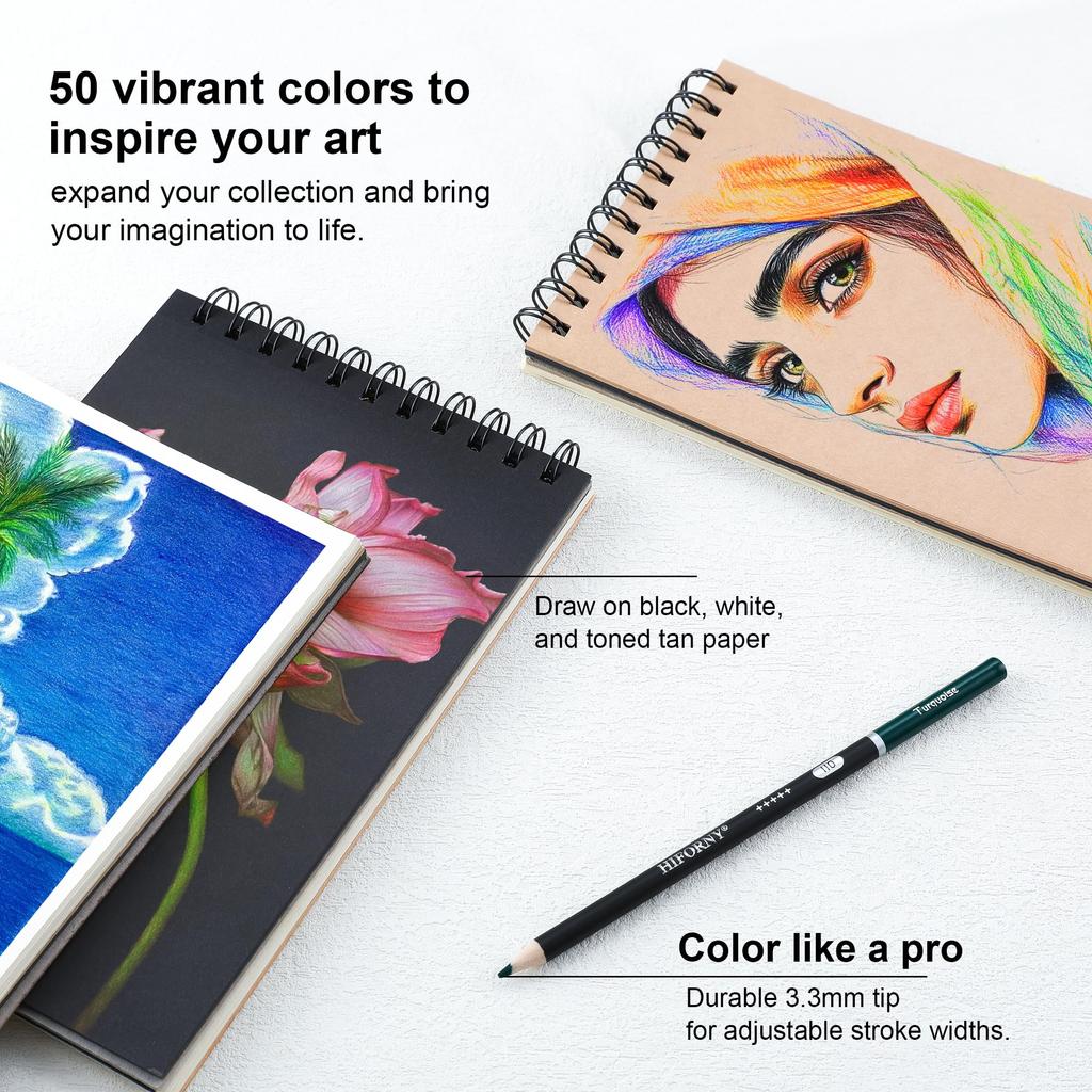 HIFORNY Colored Pencil Set for Adults 50 Colored Pencils with Coloring and Color Chart Gift Boxed and Zippered Case 55-Piece – Soft-Core Sketchbook,