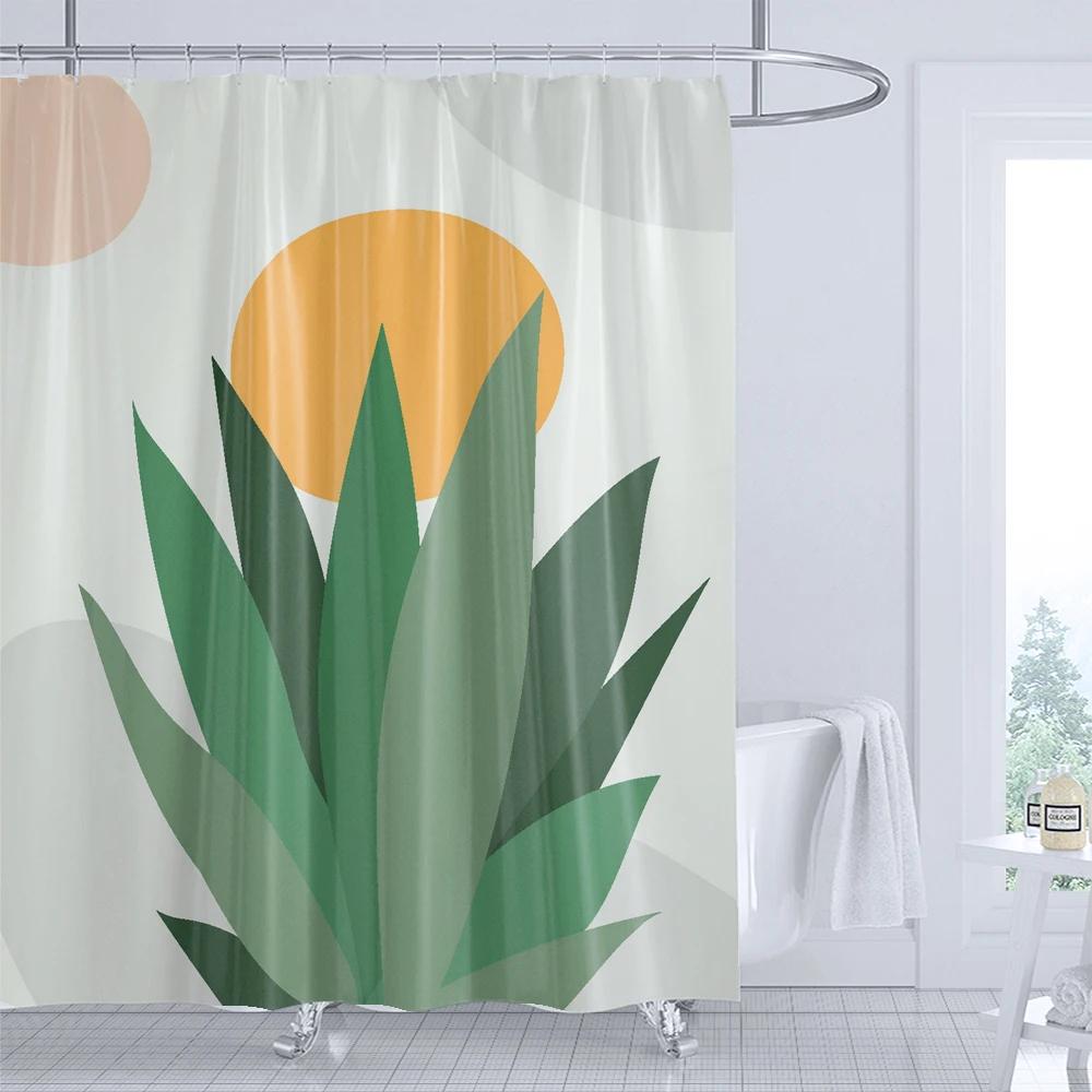 Green Leaf Art Abstract Plants Shower Curtain Print Modern Nordic Minimalist Polyster Home Decor Bathroom Curtain with Hooks