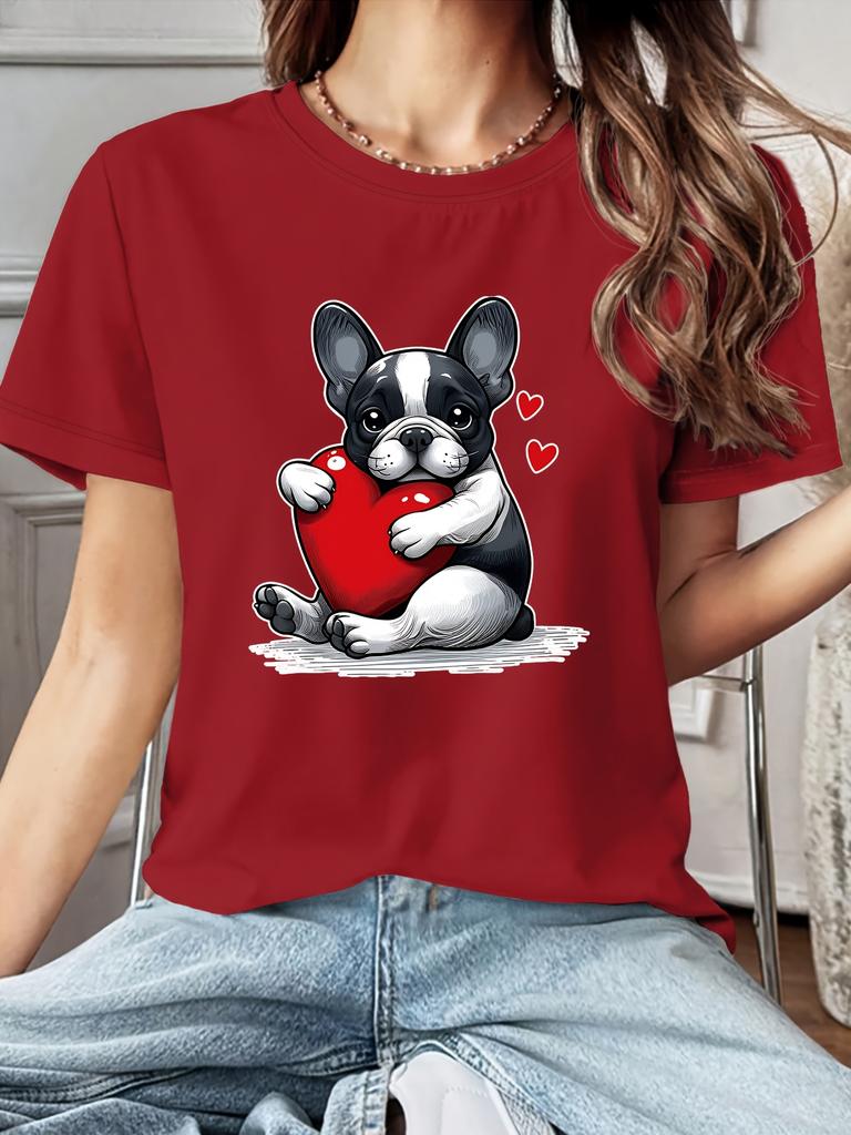 Ladies Trendy Tshirt Cute Pet Healing Fadou Hugs Love Theme Printed Round Neck Machine Washable Casual Fashion Womens Top