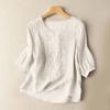Vintage Cotton Linen Blouse Shirts Women Summer Round Neck Three Quarter Blusas Retro Embroidered Loose Casual Blouses And Tops