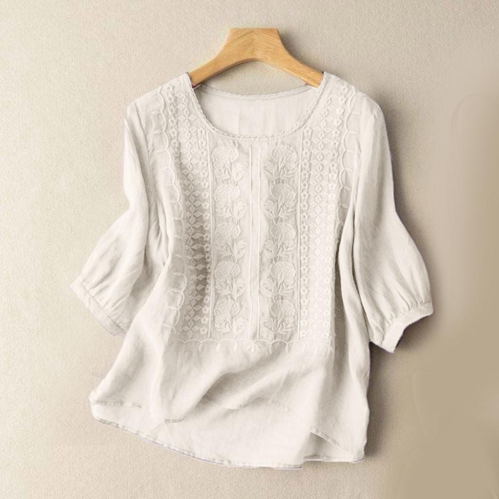 Vintage Cotton Linen Blouse Shirts Women Summer Round Neck Three Quarter Blusas Retro Embroidered Loose Casual Blouses And Tops