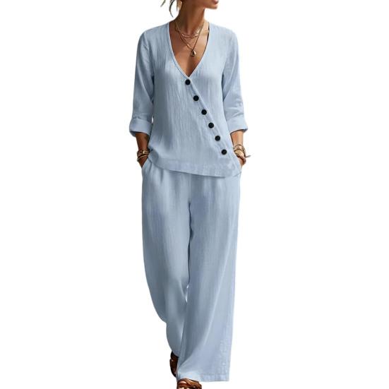 

Women s Summer 2 Piece Sets Casual Half Sleeve V Neck Buttons Top And Wide Leg Pants Lounge Outfits with Pockets S
