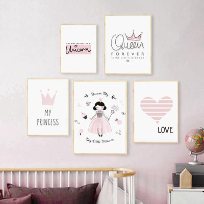 Affiche nordique avec imprimés de princesse rose pour bébé, peinture sur toile avec couronne de reine, images d'art murales pour décoration de chambre d'enfants et de filles