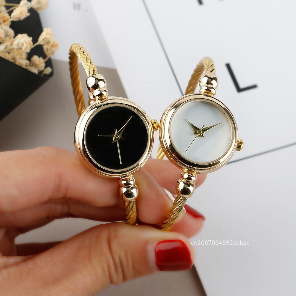 Luxury Fashion Women Golden Watch Wire Bracelet Charm Stainless Steel Retro Ladies Quartz Wristwatch Small Clock Casual Watches