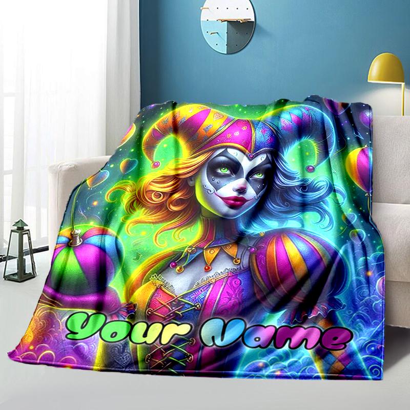 1PC Custom Name Colorful Jester Fantasy flannel blanket versatile,all-season throw suitable for the living room,bedroom,camping,travel,and gift