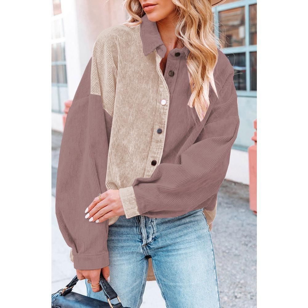 Women's Loose Casual Color Blocked Lapel Button Long Sleeved Shirt Top Long Sleeved Shirt