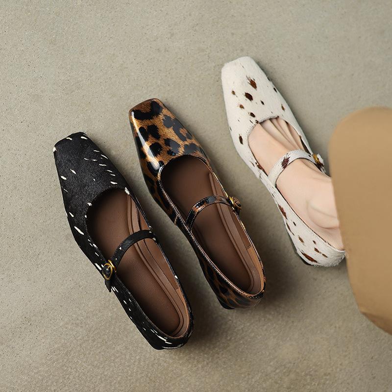 Horse Hair One-word Buckle Mary Jane Shoes Flat Leather Women's Shoes 2025 Autumn and Winter New Versatile Korean Version of Women's Leather Shoes