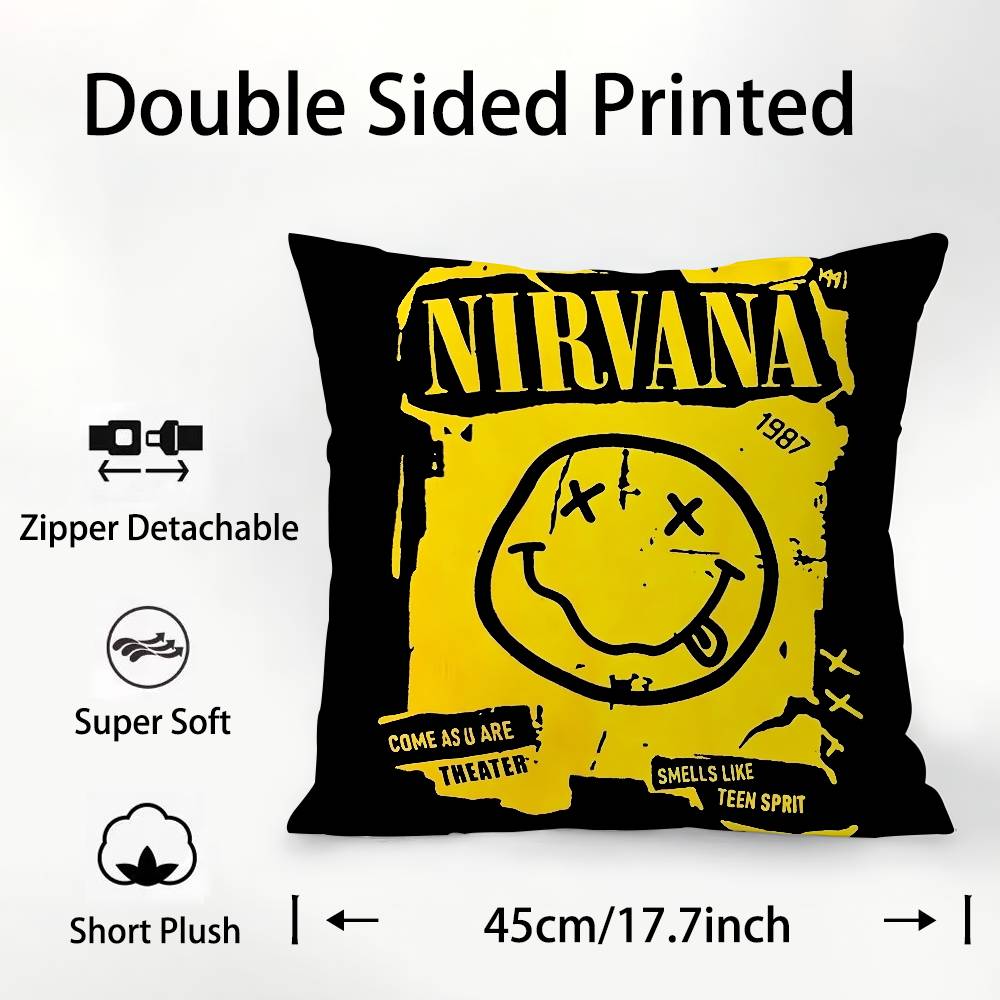 Band Smile-N-Nirvanaes-S Pillow Case Square Double‑Sided Print Cushion Case For Sofa Home Bedchamber Decor Gift