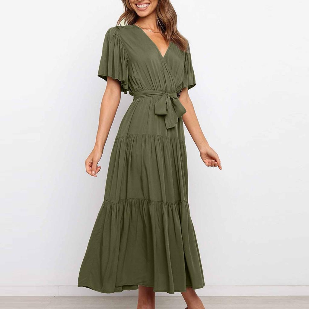 Women's Casual Fashion Color V-neck Lace-up Flared Sleeve Splicing Dress