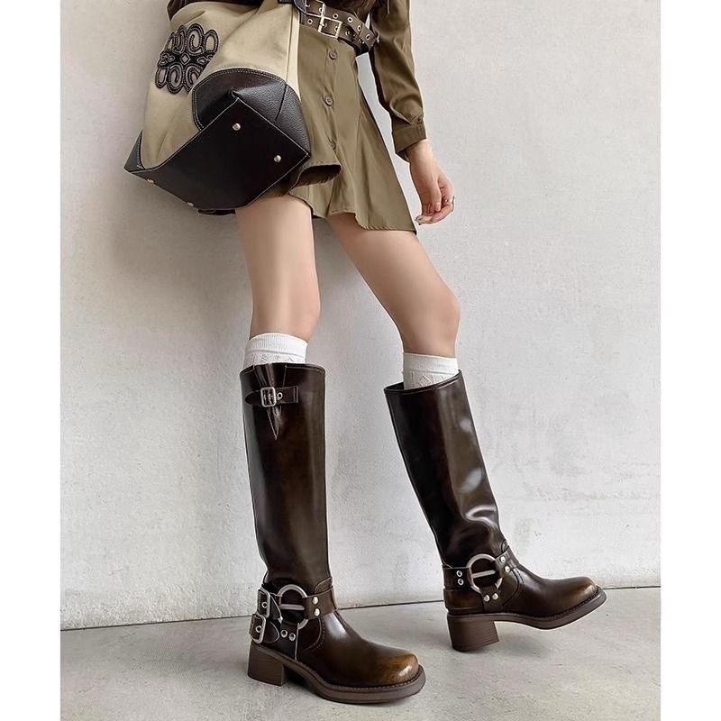 Sweet and Cool Spice Girl Style Belt Buckle Thick Heel High Boots Women's 2025 Autumn New Square Head Boots Polished Locomotive Rider Boots