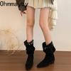 Vintage Plissierte Damen Western Cowboy Stiefel Mode Spitzzehe Dicke Absätze Damen Mid-Calf Stiefeletten