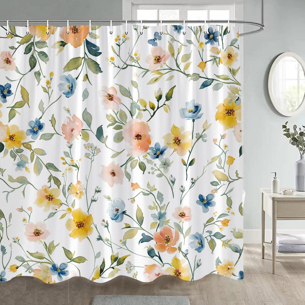 Floral Shower Curtains Watercolour Blue Purple Flowers Butterfly Leaves Plant Bath Curtain Polyester Bathroom Decor with Hooks