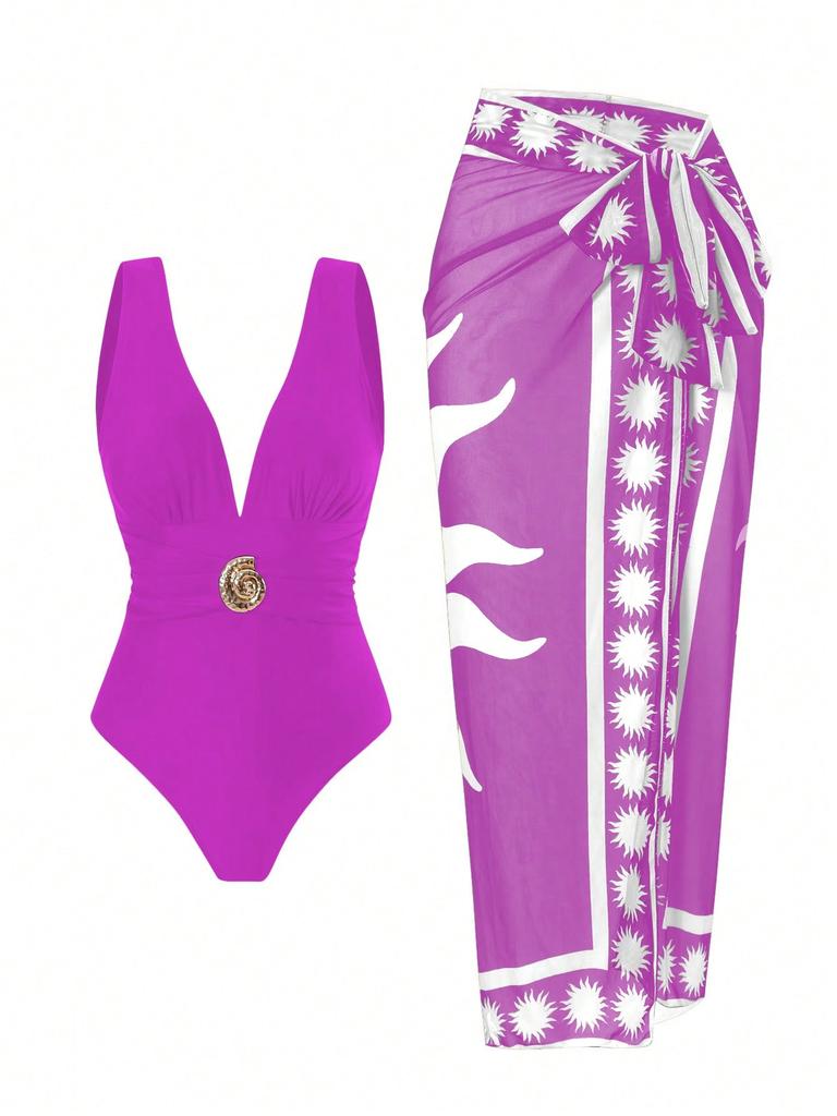 Deep Brown One-Piece Swimsuit with Sheer Wrap Skirt, V-Neck, Bow Detail