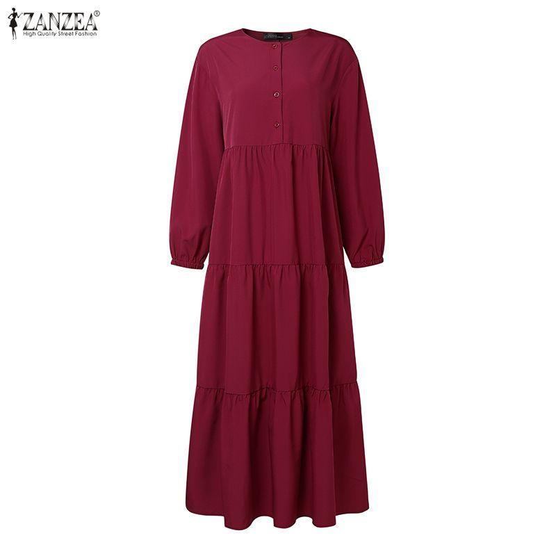 ZANZEA Women Casual Round Neck Loose Long Sleeve Muslim Dress