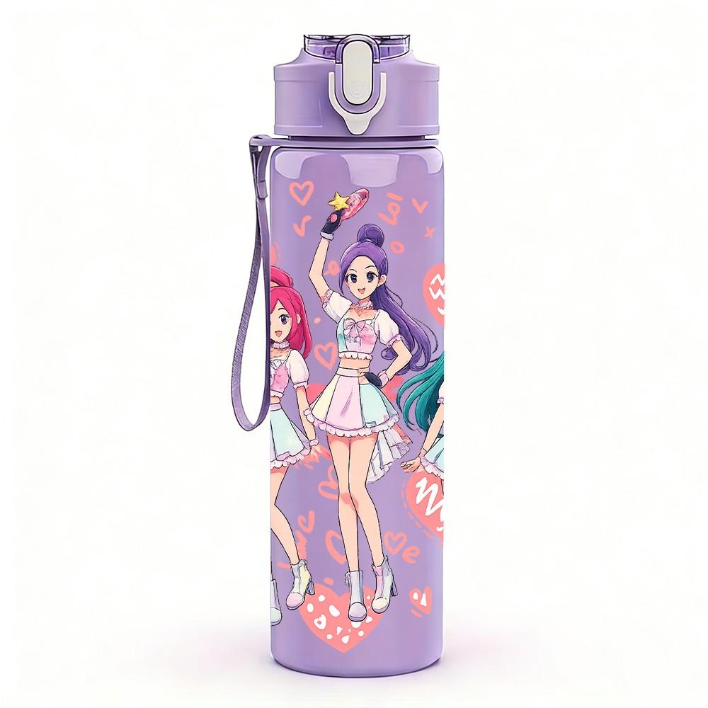 1PC Anime Girl Group Colorful Cartoon Art 750ml Color Plastic Sports Water Bottle Leakproof Flip Straw Lid Suitable for Sports Office Home Use