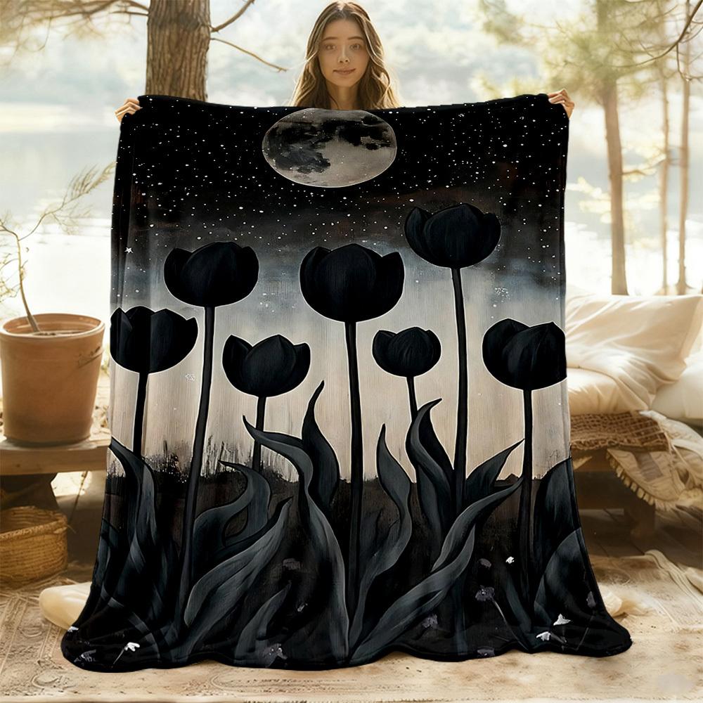 1PC Moonlit Tulips Outdoor Blanket Lightweight Flannel, Soft & Warm, All-Season Use for Sofa, Outdoor, Camping, Living Room, Office58