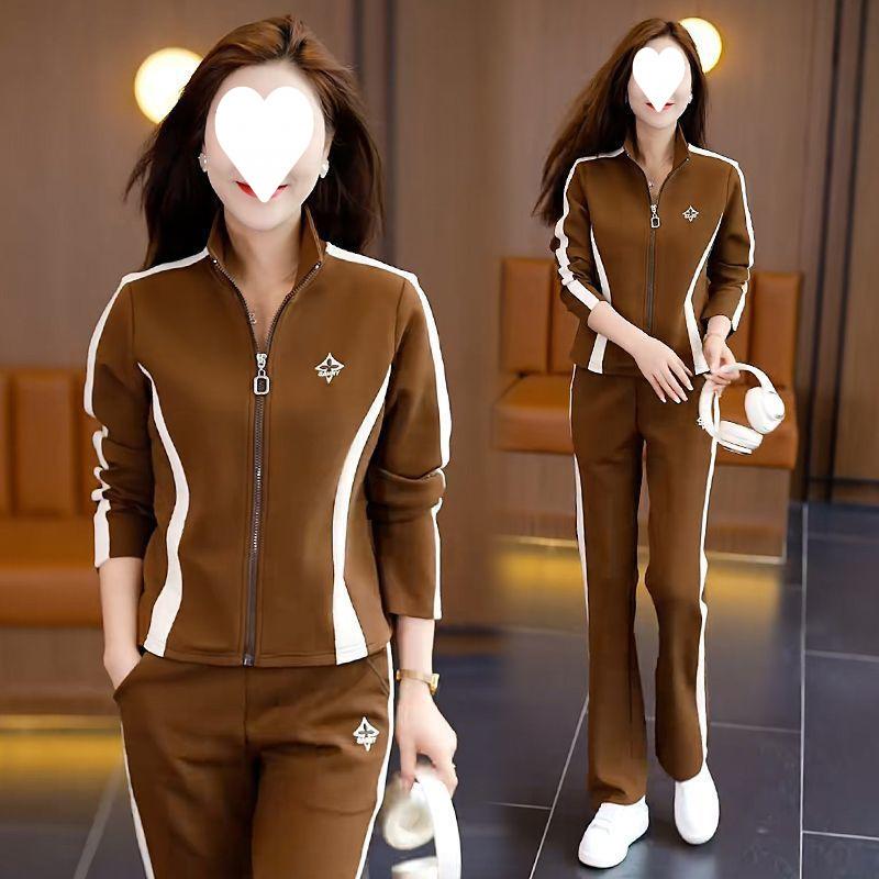 Fall-winter Outfit: A Complete Set of Korean-style Versatile Zipper Loose-fitting Hoodie Casual Wear Plus Wide-leg Pants Set.