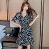 Summer New Horn Sleeves Short Sleeves V Neck Floral Thin Waist Temperament Fashionable Korean Version A Word Dress Women