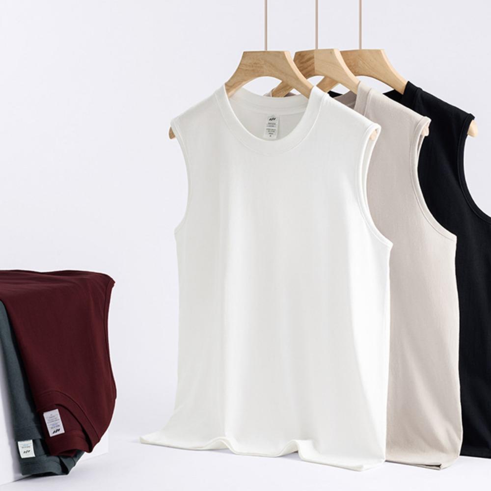 Summer 100% Cotton Men's Vest Casual Wide Shoulder O-Neck Sleeveless Tops Universal Solid Color Sports Fitness Loose Tank