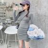 Fashion Spice Girl Grey Crew Neck Long Sleeve Dress Women's Spring New Slim Fit Inside Skinny Niche Hip Wrap Skirt