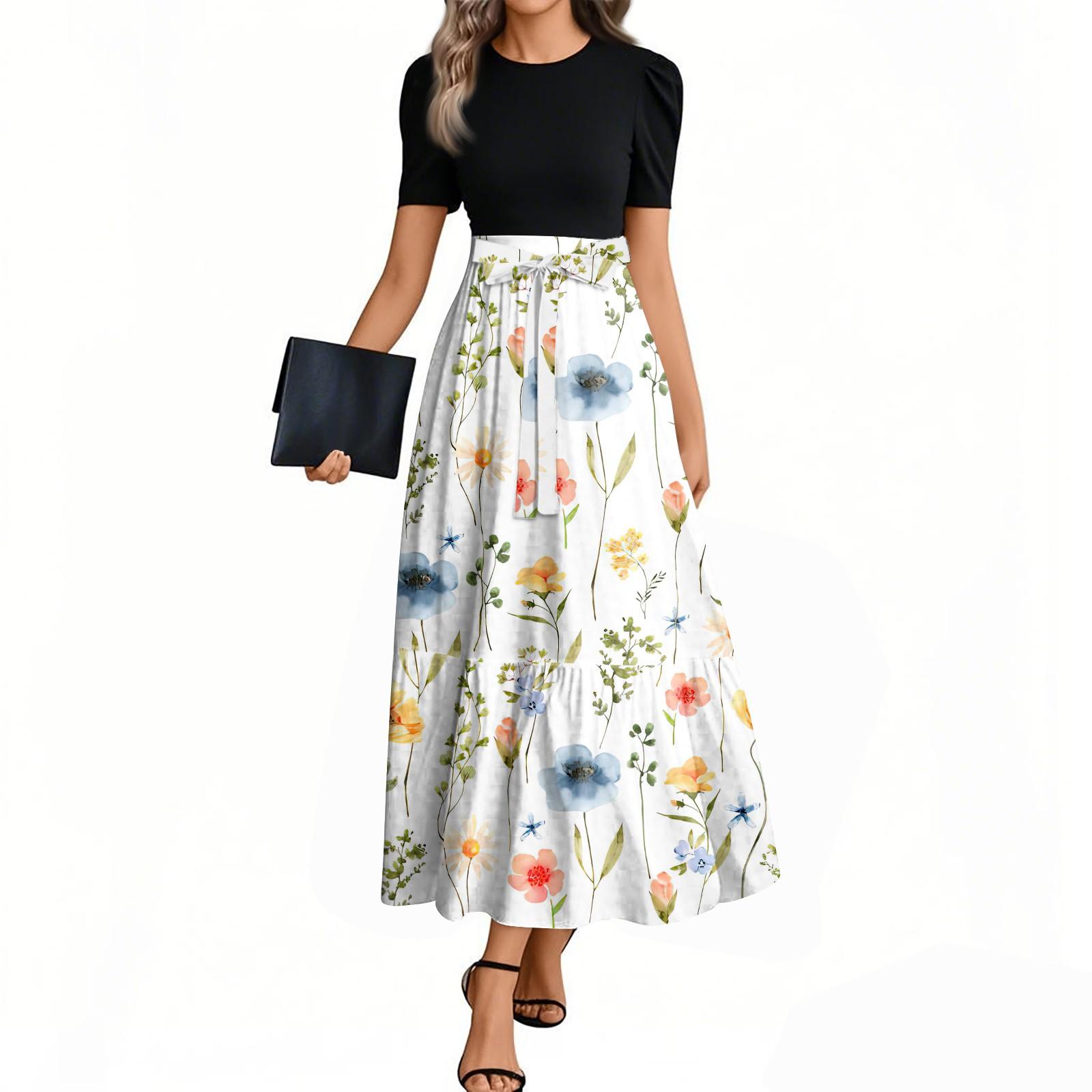 

Женское модное повседневное платье с коротким рукавом и круглым вырезом с цветочной вышивкой, элегантное, темпераментное XL