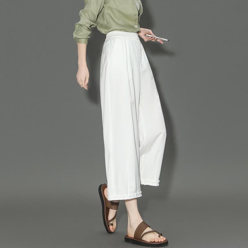 Women's Cropped Lace Trim Elastic Waist Casual Pants