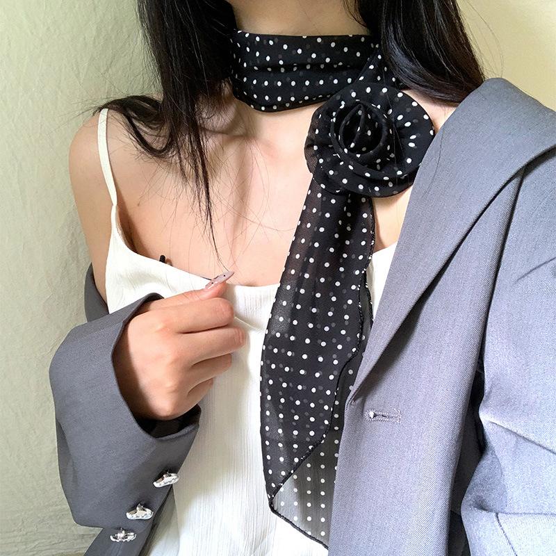 Korean version of black long polka dot rose silk scarf spring and summer thin atmosphere versatile niche scarf scarf scarf scarf 12*130