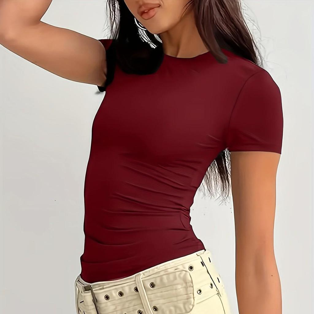 Women's Slimming Stretch Round Neck T-Shirt: Solid, Short Sleeve, Versatile Casual Top