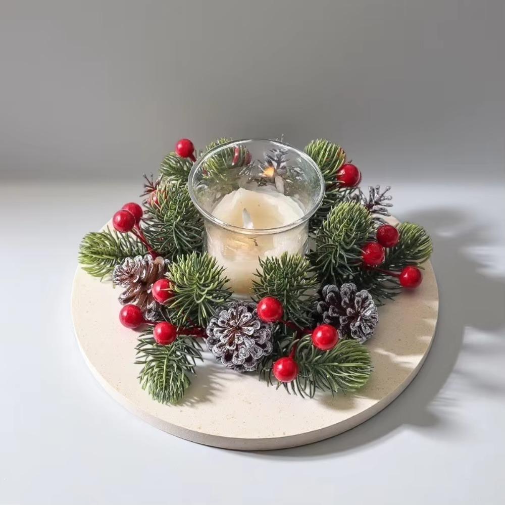 Artificial Pinecone Berry Christmas Candlestick Wreath Decorative Plastic Festive Candle Holder Garland Simulated