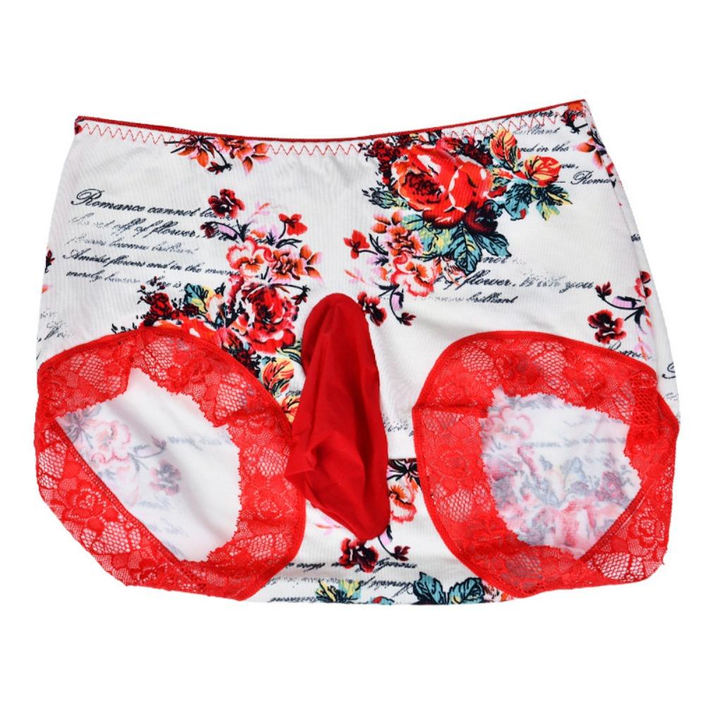 Men's Egg Pants Sexy Lace Printed Panties Fabric Traceless Mid-Waist Cotton Shorts Comfortable